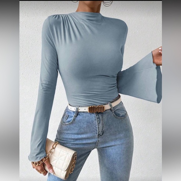 Elegant Blue Long Sleeve Women's Bodysuit Top - Picture 1 of 16